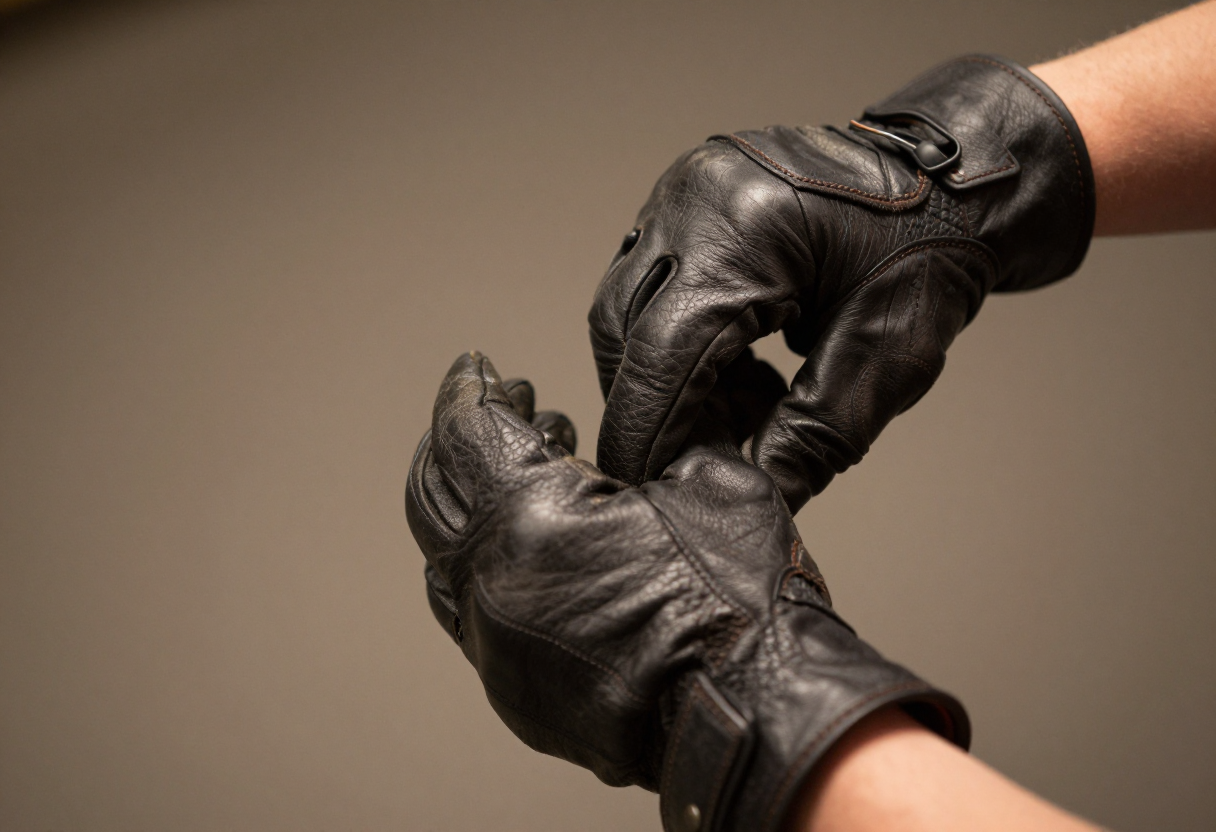 Close-up shot of heavy leather gauntlet gloves being put on over forearm sleeves by a pair of hands.