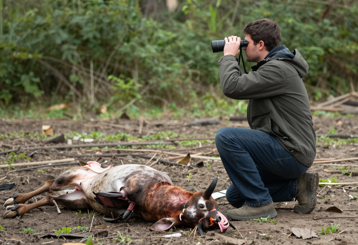 A person maintaining respectful distance from a downed carcass while observing the surrounding environment through binoculars.