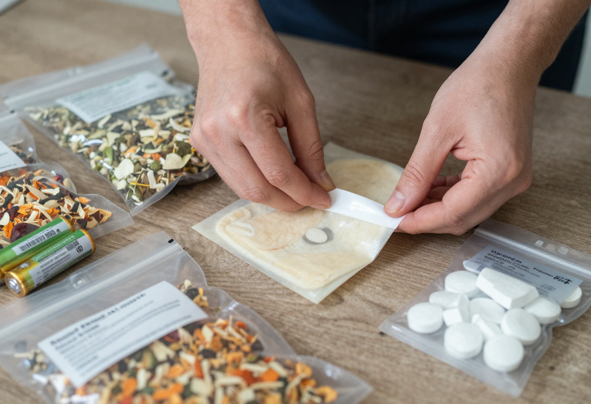 Hands preparing an emergency rations pack: taping together dehydrated meals, extra batteries, and chemical purification tablets into waterproof bags.