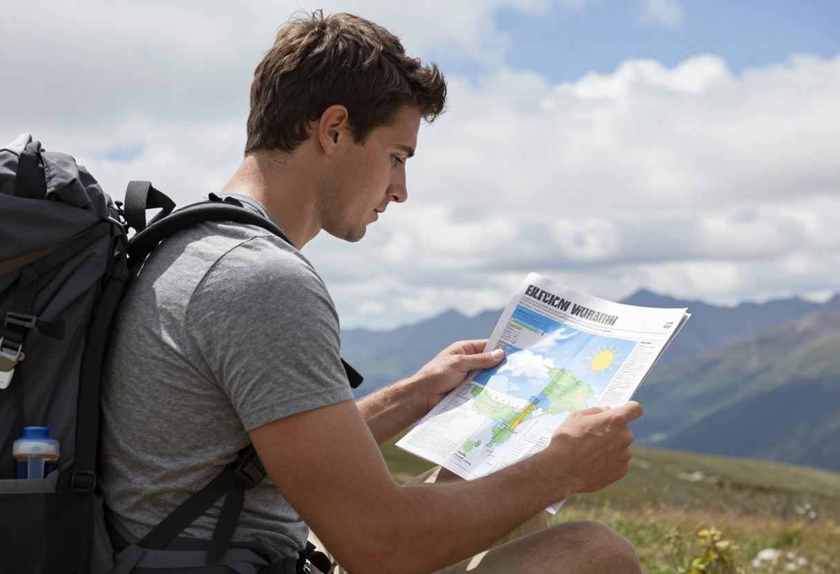 A hiker checking the weather forecast using multiple methods: looking at local conditions, observing cloud formation, and consulting an actual printed paper chart.