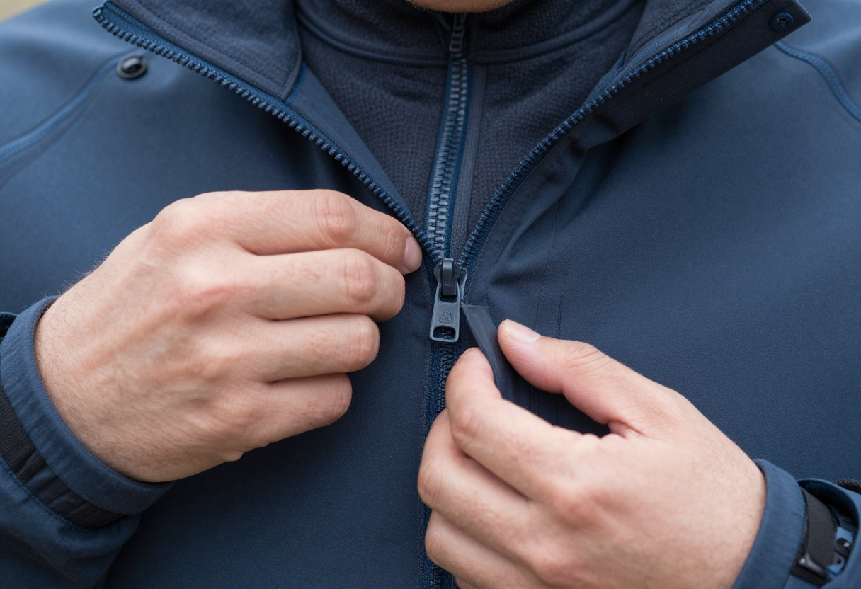 Close-up of hands adjusting multiple layers of outdoor clothing—a base layer being zipped into a fleece jacket that is then layered under an insulated shell. The focus should be on the zipper pulls and fabric textures.