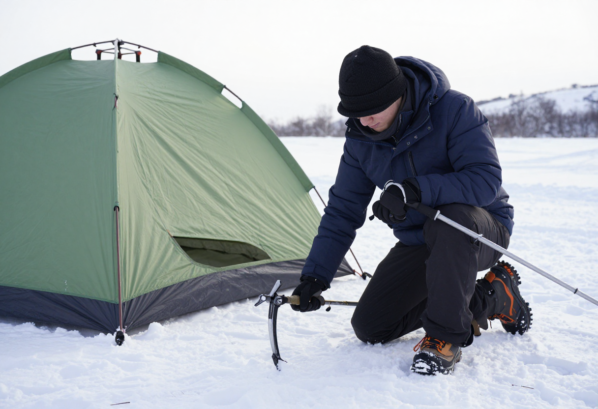 A person kneeling next to a tent pitched in snowy terrain, using trekking poles and an ice axe to stabilize themselves while examining the ground for stable footing.