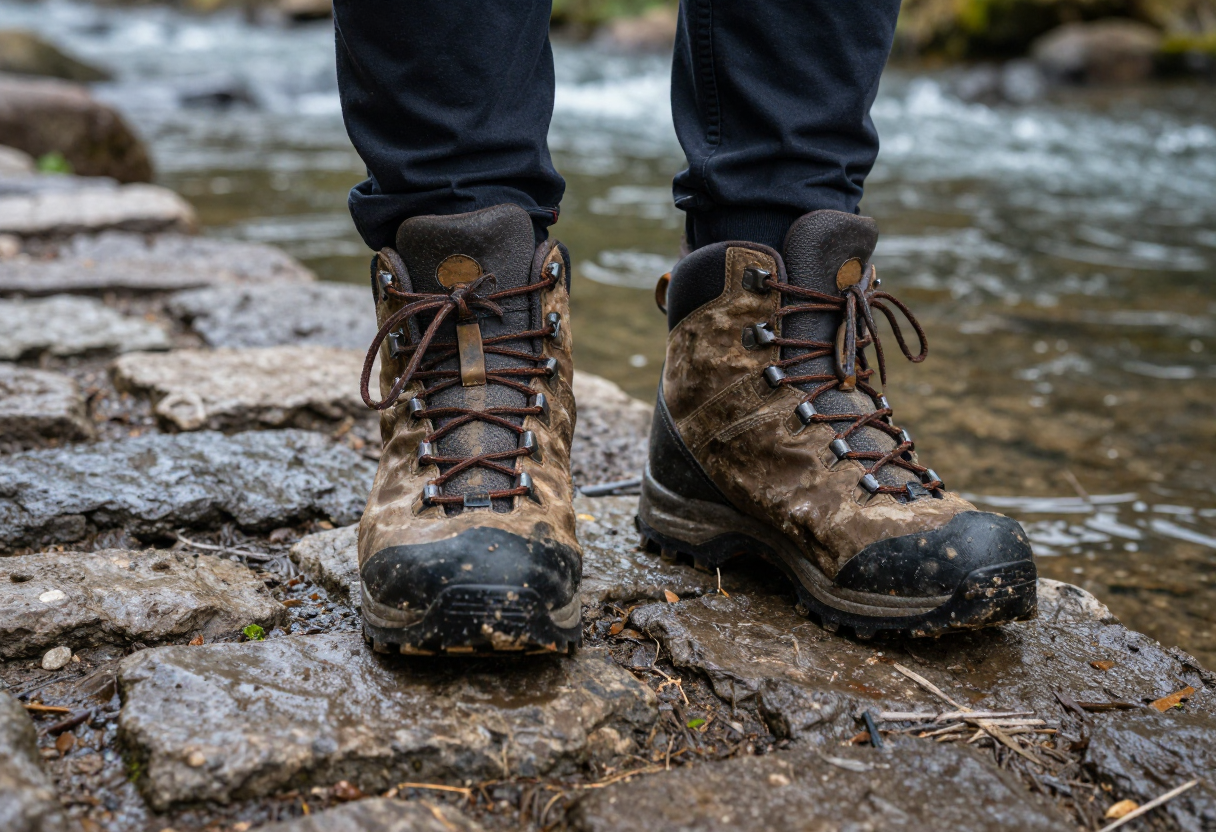 A close-up of a pair of heavy, mud-caked hiking boots planted firmly on wet, uneven cobblestones near the edge of a shallow river.