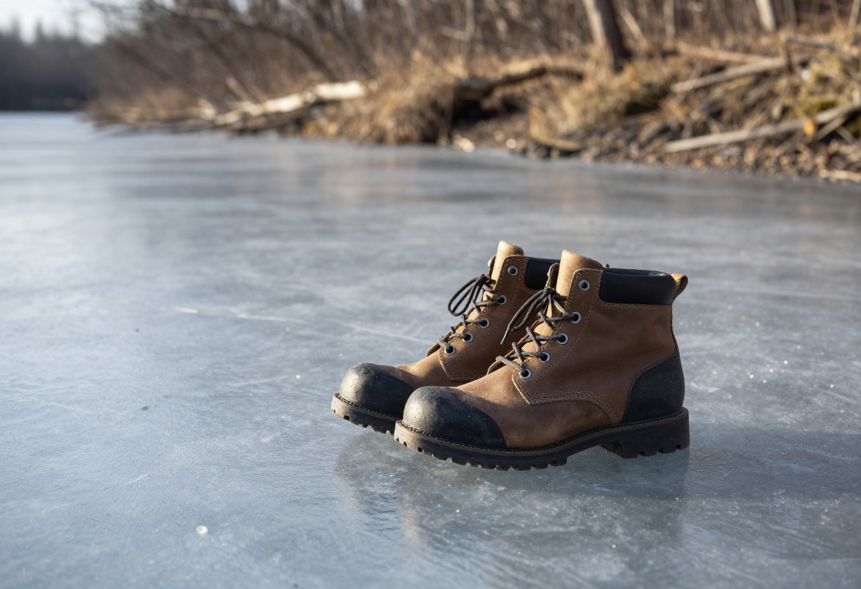 A pair of heavy-duty boots resting on smooth, partially frozen water near the edge of a wooded bank.