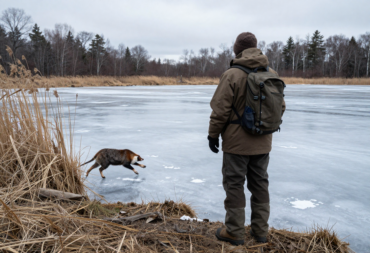 A hunter stands cautiously on the bank overlooking a partially frozen pond, assessing the ice depth and observing an animal struggling near the edge. The scene is overcast and cold.
