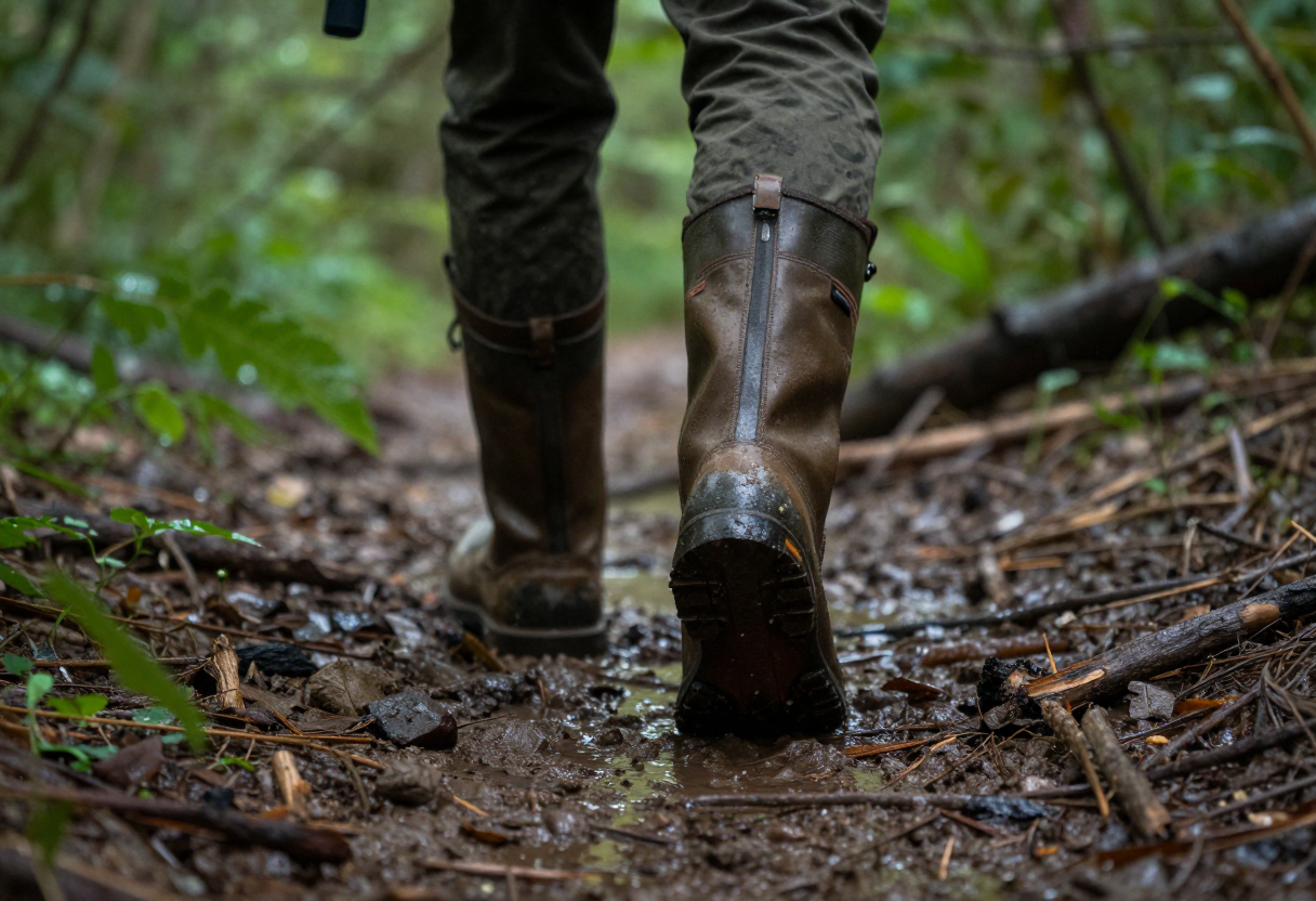 Close-up on boots walking carefully along muddy creek bank near dense forest undergrowth after a rainstorm.