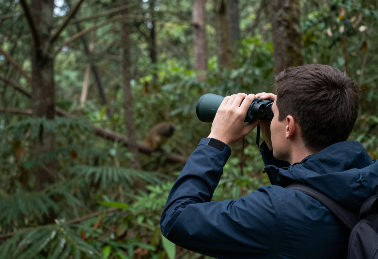 A person using binoculars to observe wildlife from an elevated, stable viewpoint deep within a forest.