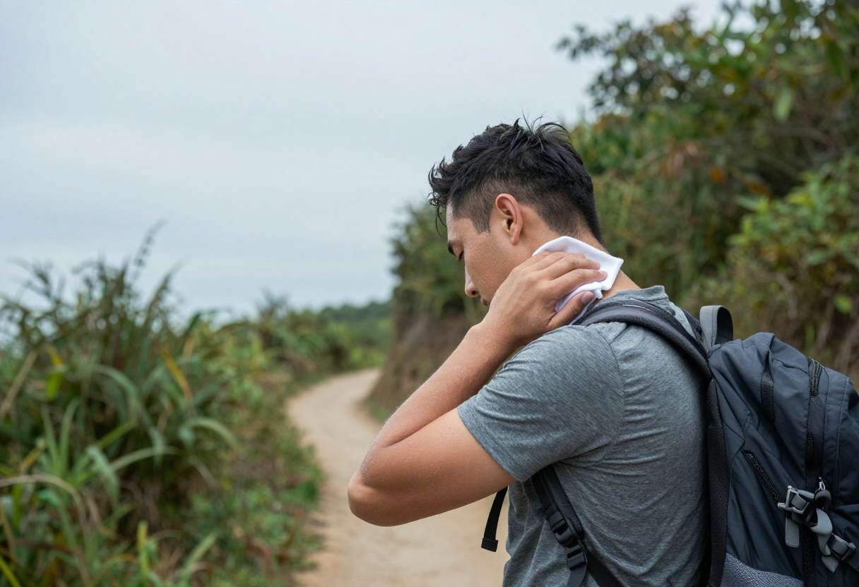A hiker stopping mid-trail to wipe sweat from their neck while wearing a backpack