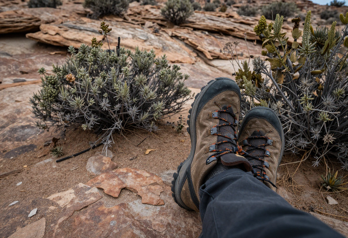 Close-up shot of hiking boots resting next to deep desert scrub brush and weathered rock formations.