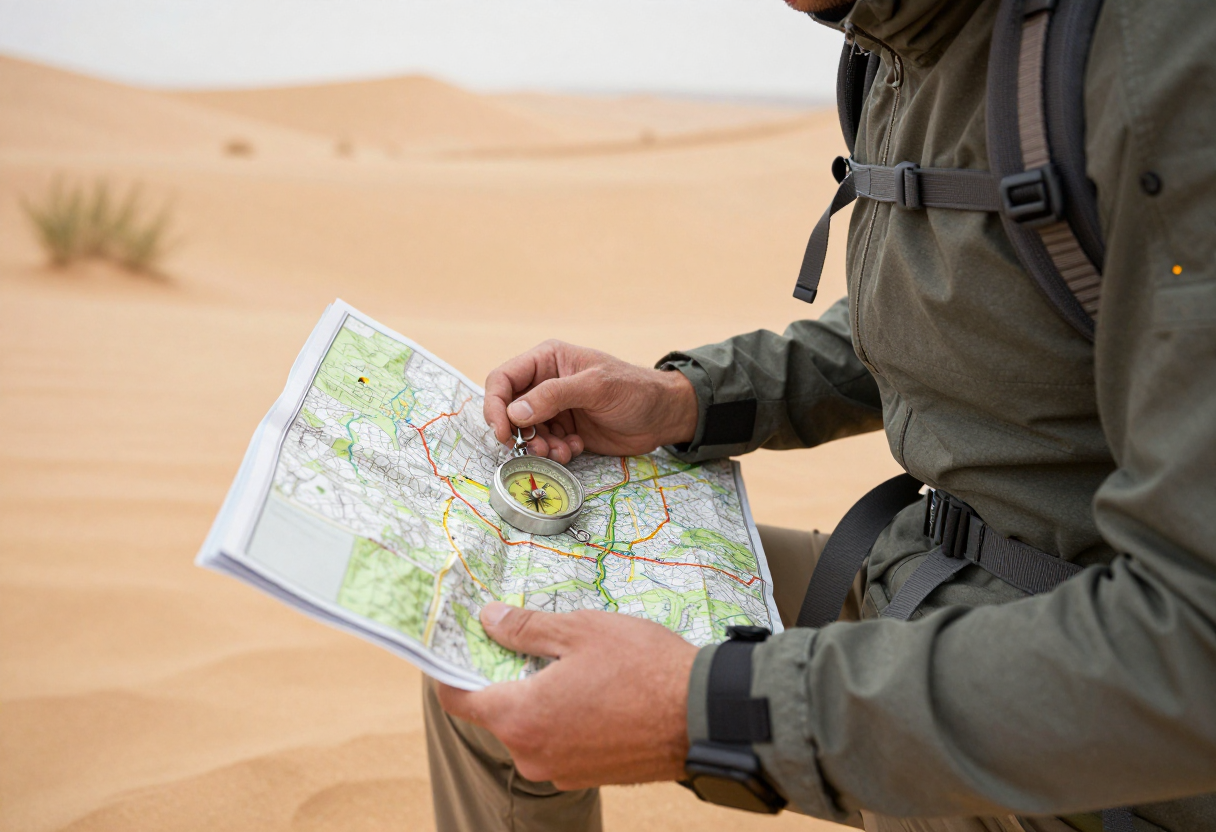 A person using a compass and map to plot a route across uneven desert terrain while wearing hiking gear.