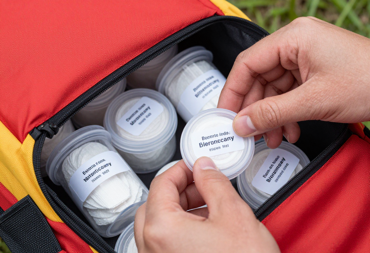 Hands meticulously packing emergency water filtration tablets into separate, labeled containers inside a brightly colored backpack pocket.