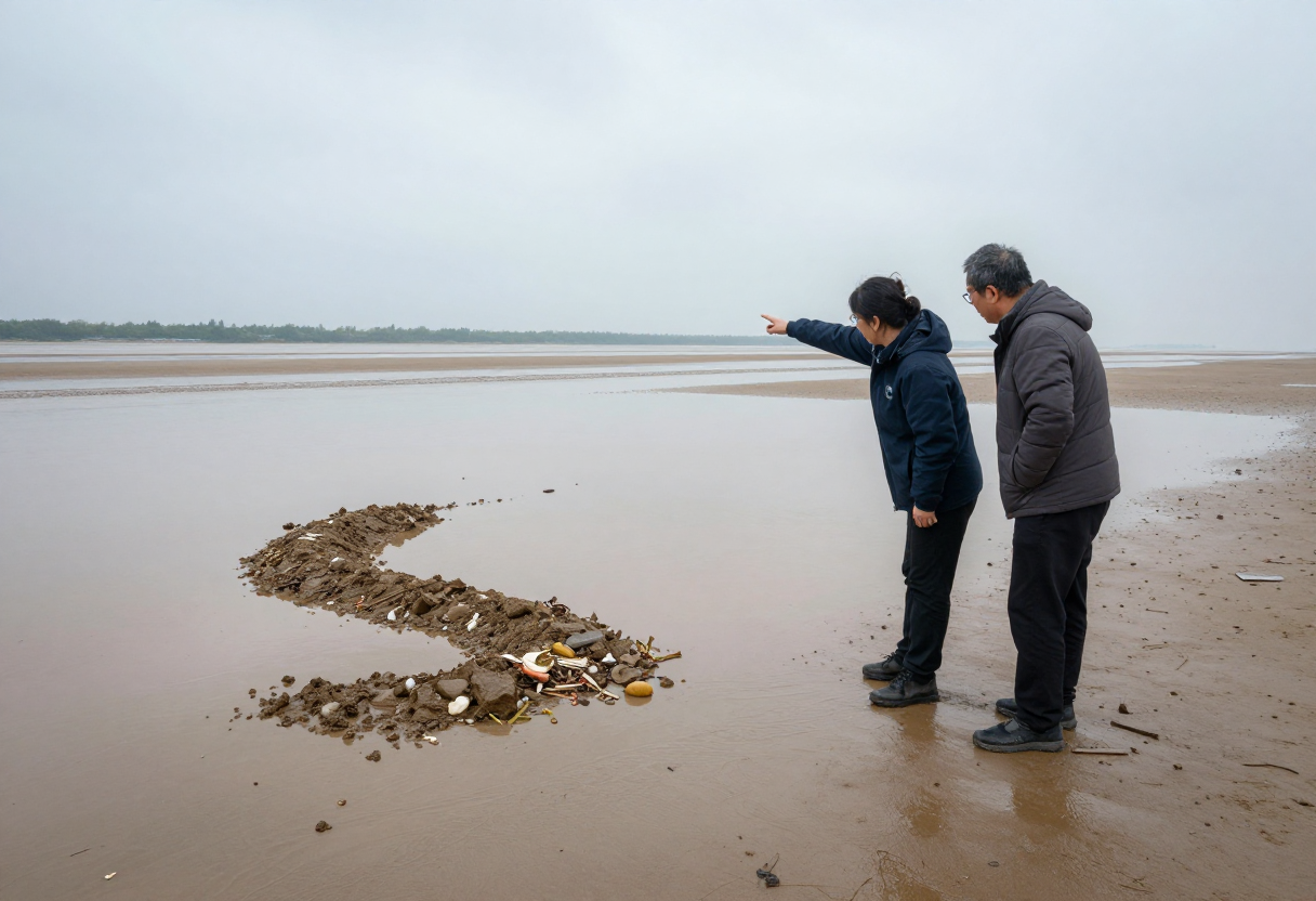 Two people are examining a high-water mark in wet sand near a coastline river mouth, pointing out areas where debris has been deposited by recent floodwaters.