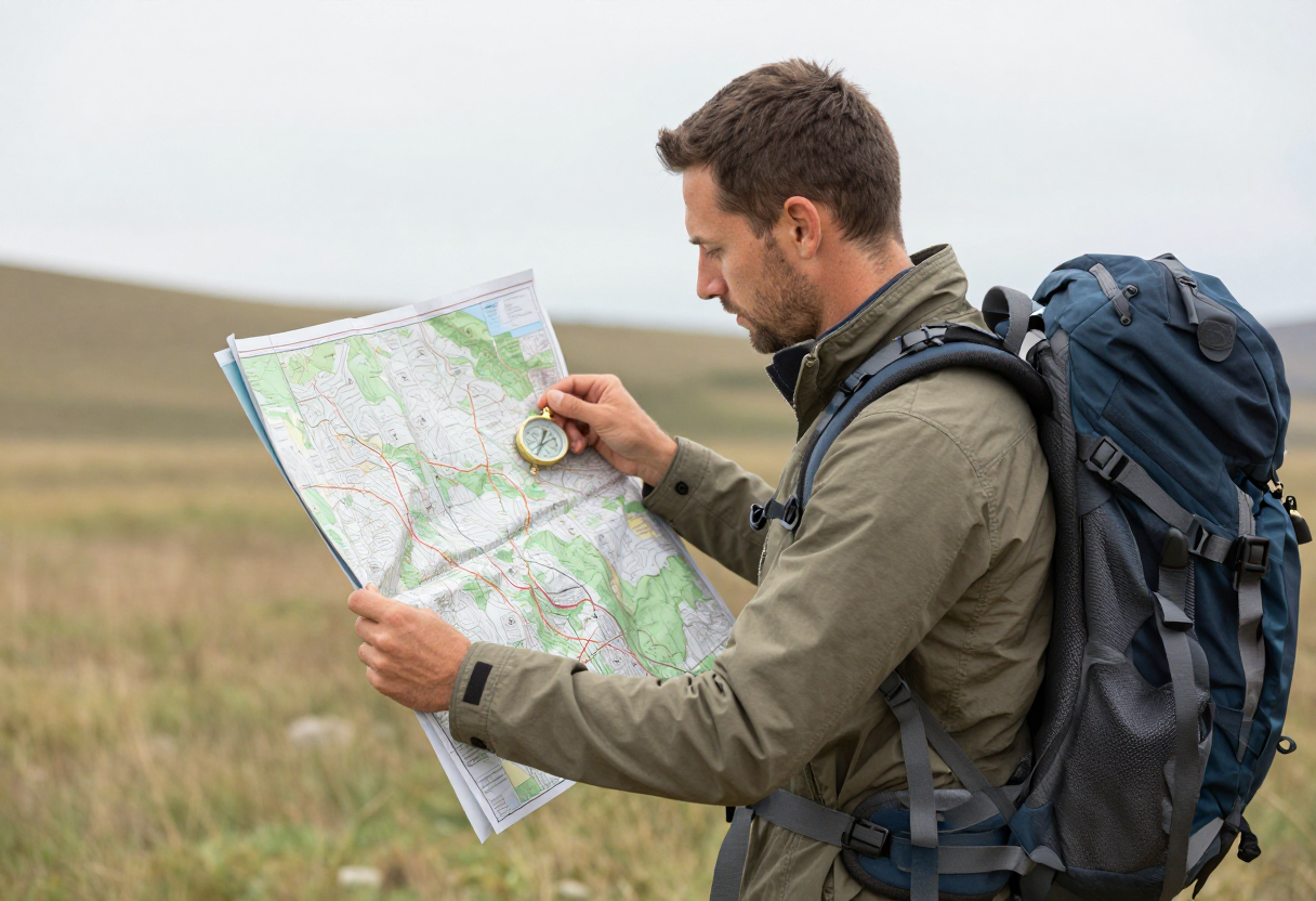A backpacker is carefully consulting a detailed topographic map while standing in an open field, using a compass to orient themselves relative to surrounding natural features like ridges and drainage lines.
