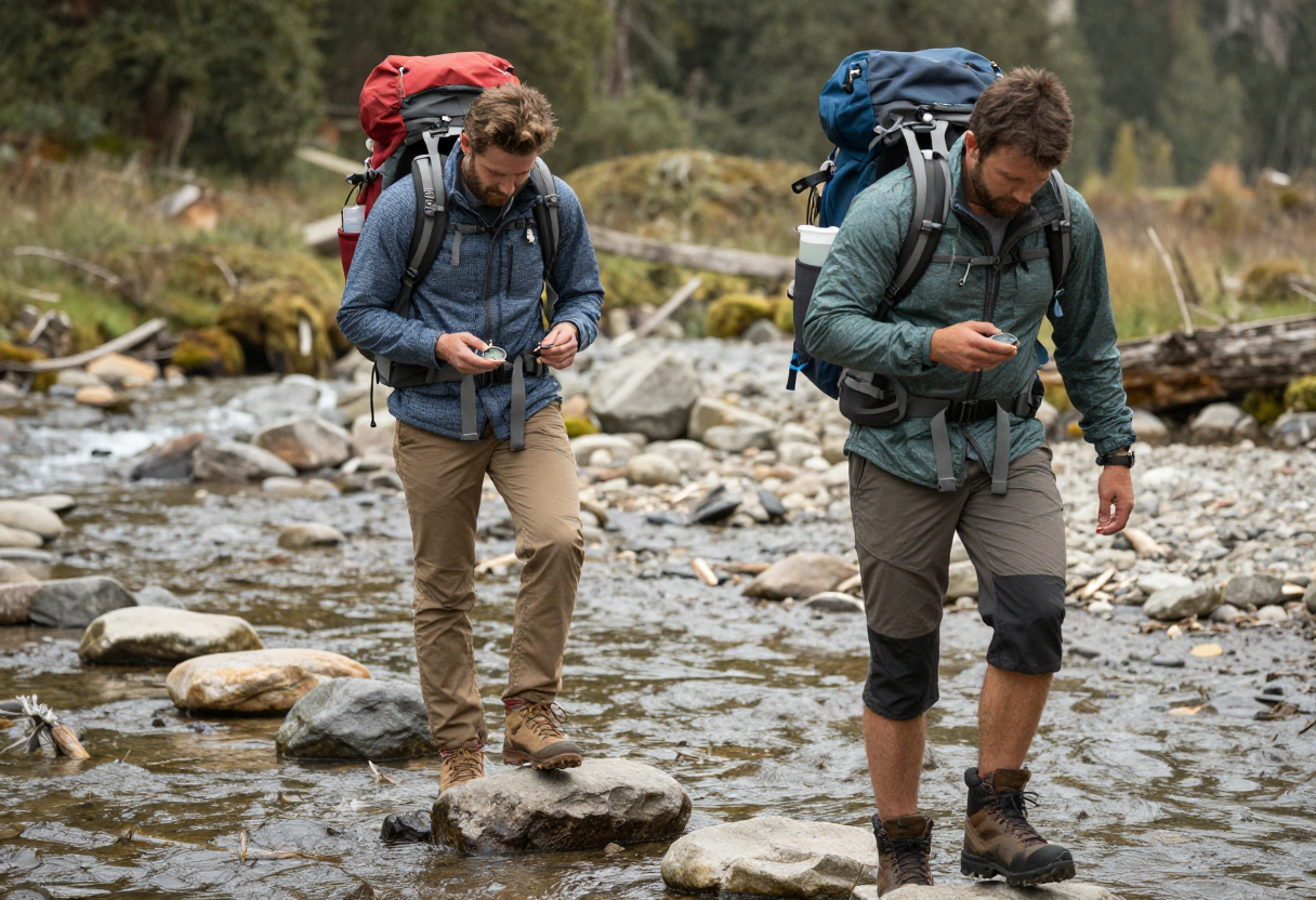 Two experienced backpackers crossing an unmarked stream bed using natural stepping stones and checking their compass bearings while carrying packs.