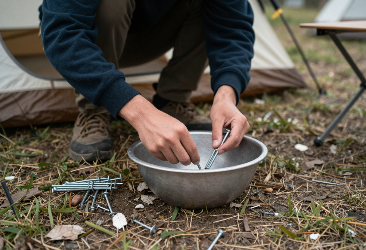 A person setting up camp in an established campsite bowl, carefully arranging tent stakes and clearing small debris from the ground.