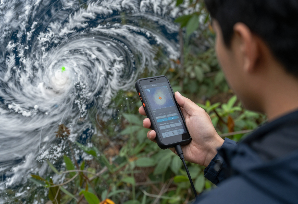 A person checking detailed weather radar data on a durable handheld device while standing near a forest edge, observing changes in cloud structure and wind direction.