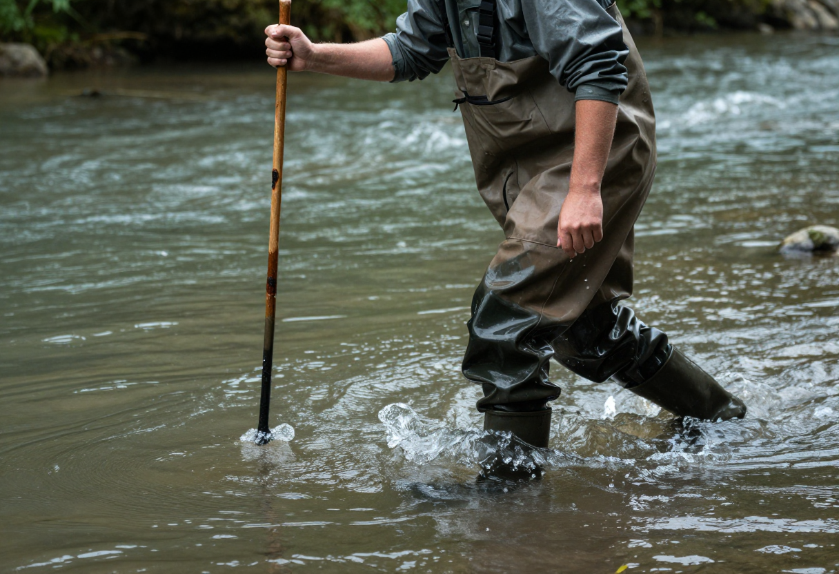 A person wearing appropriate waders and wading pole is carefully assessing the gradient and depth of a river crossing during high water; they are using their stick/pole methodically.