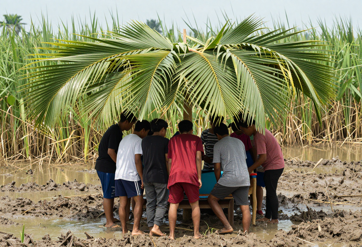 A small group of people huddled together under a makeshift roof fashioned from large palm fronds against the backdrop of muddy, water-logged reeds.