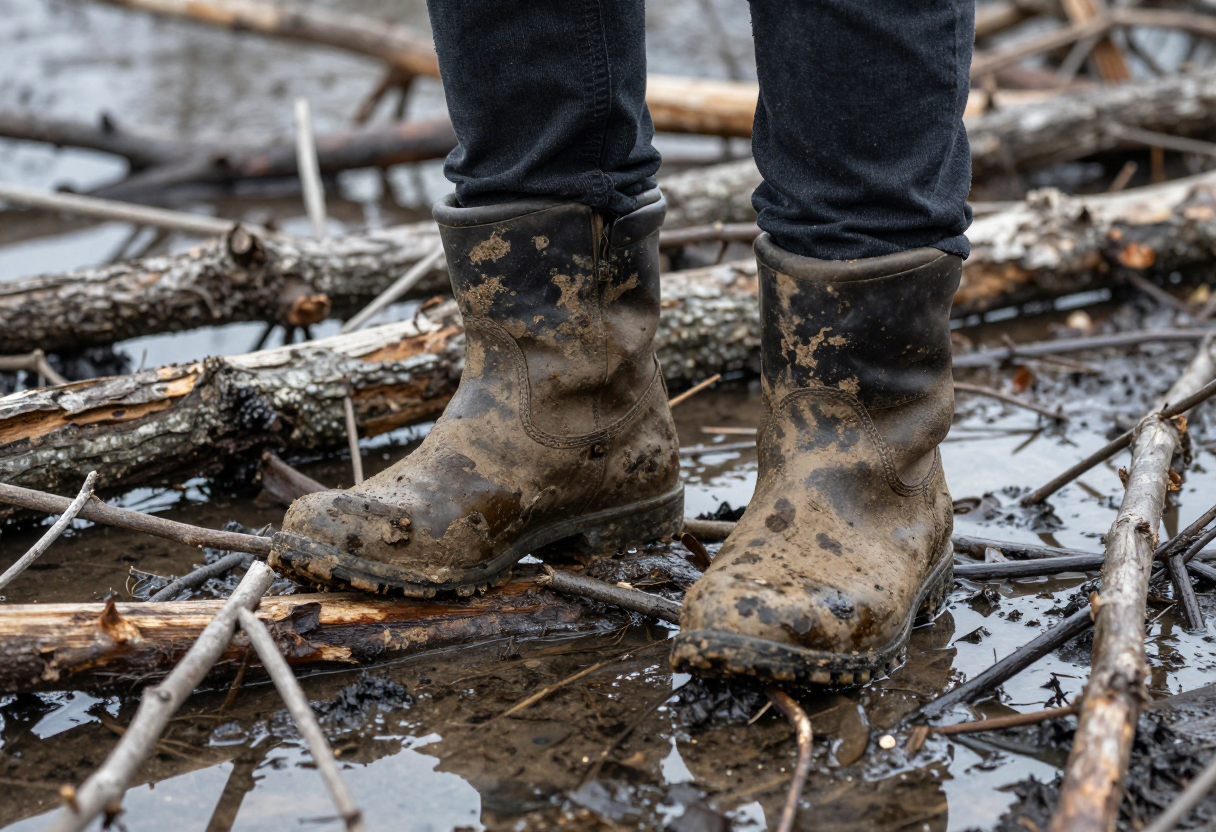Mud-caked boots standing on a submerged patch of twisted, waterlogged lumber and fallen branches.