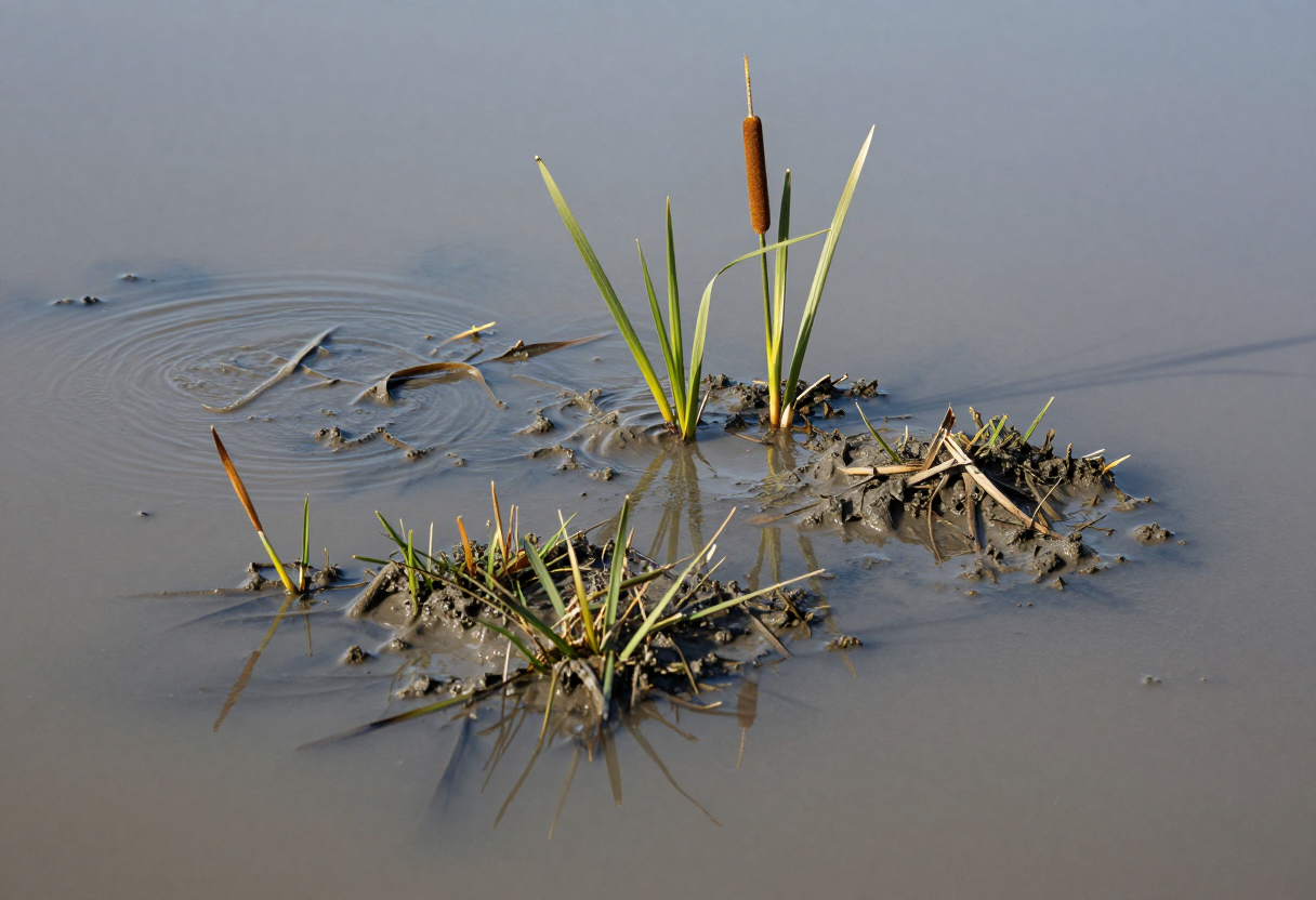 Close up shot of muddy water revealing patches of specific plant life—like cattails and emergent grasses—with ripples suggesting movement nearby.