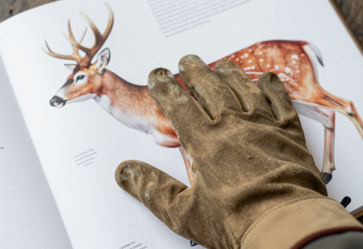 Close up of a hunter's hand using field gloves to palpate and examine an anatomical diagram or guide book on deer anatomy in good light.