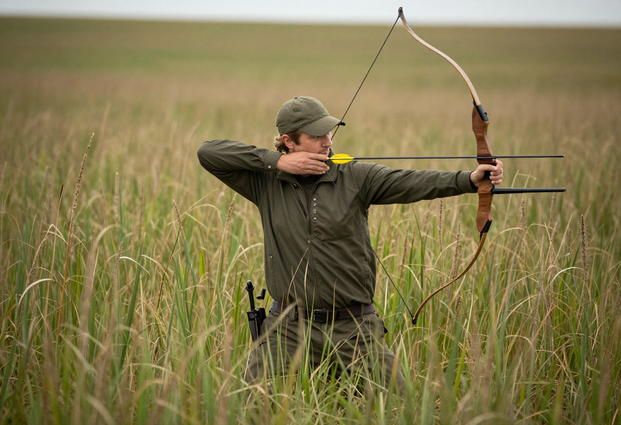 A hunter crouching low to the ground in an open field of tall grasses, stabilizing a bow and taking aim while focusing on their breath control.