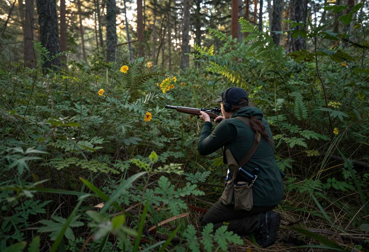 A person kneeling in dense forest brush, sighting down a rifle towards the distant trees during early morning light.