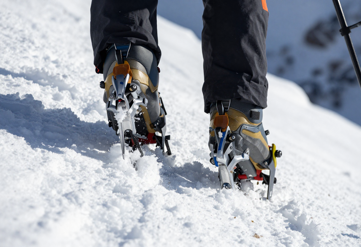 Close-up of heavily worn crampon points biting into hard snow/ice while ascending an icy slope in good daylight.