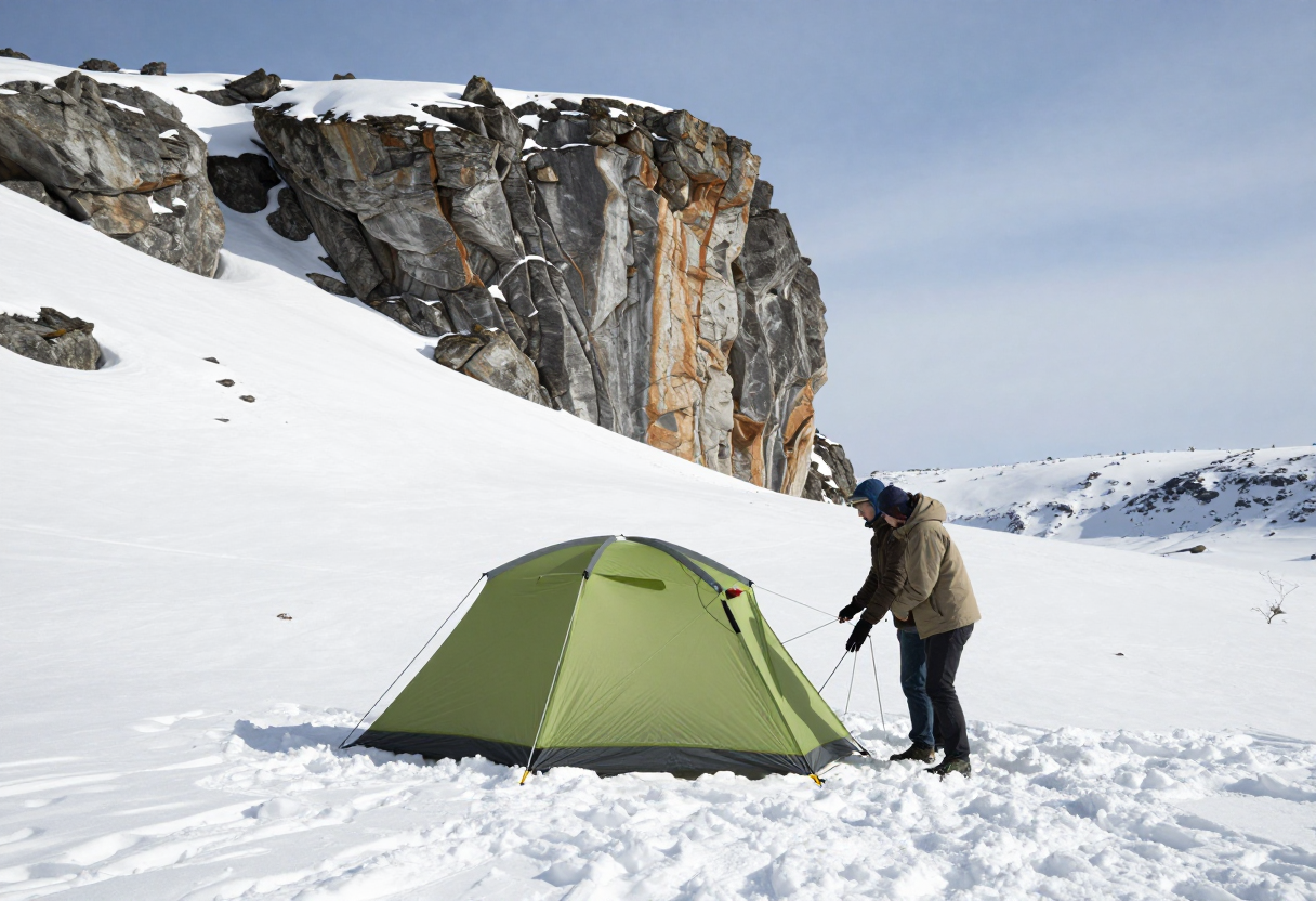 Two people setting up an ultralight tent shelter against a backdrop of snow drifts near a large rock outcropping.